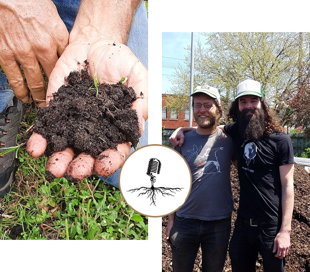 Group 94 Hands holding dark soil; two people stand smiling beside a compost pile, wearing baseball caps. A logo with a microphone and roots is centered between the images.